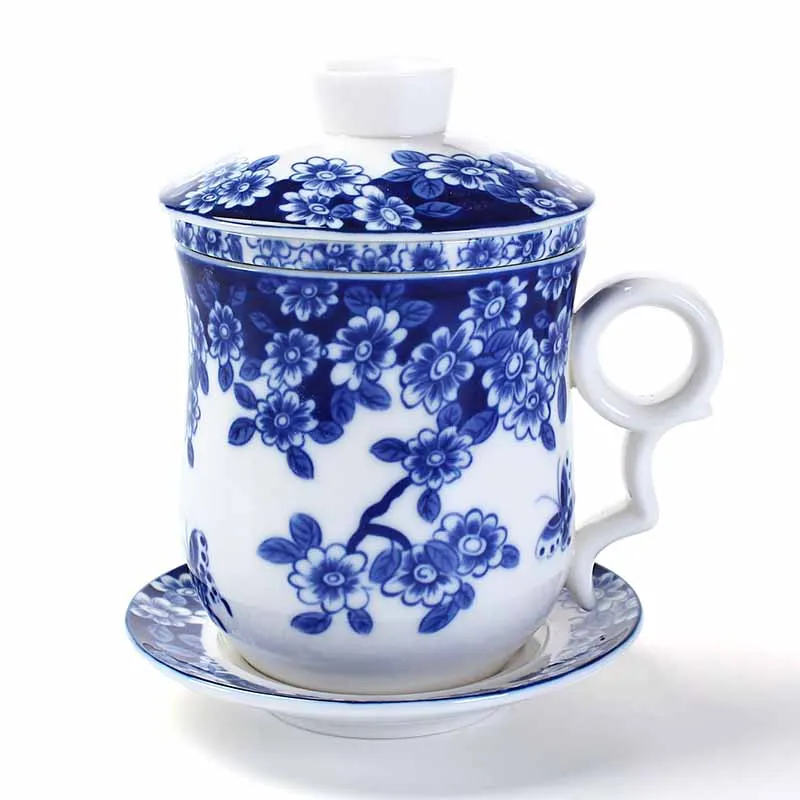 Сине белая фарфоровая керамическая офисная чашка из четырех частей с крышкой
