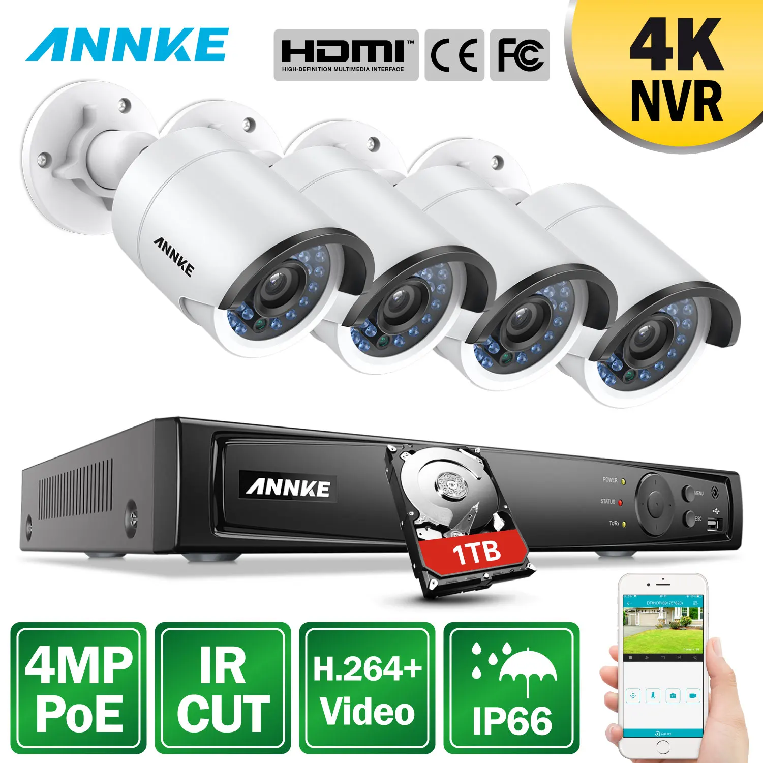 

ANNKE 8CH 4MP POE Video Security System With 4pcs 4mm 4MP Weatherproof Night Vision Cameras P2P Onvif 2.4 WDR 3D DNR NVR Kit