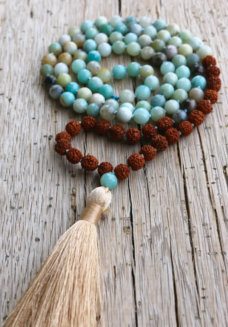 Rudraksha and Amazonite Mala Beads Yoga Jewelry Meditation necklace Boho Style Ivory Tassel Hand knotted necklace Leisure/Prayer
Rudraksha and Amazonite Mala Beads Yoga Jewelry Meditation necklace Boho Style Ivory Tassel Hand knotted necklace Leisure/Prayer
