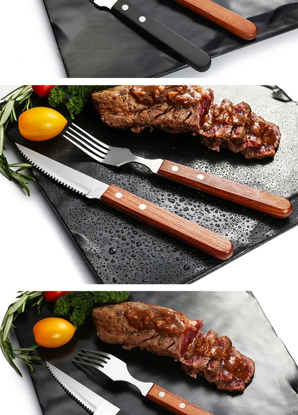 Chic Wooden Handle Dinnerware Set Stainless Steel Black Rosewood Knife Fork Tableware Cutlery European Western Food Set 3pcs (9)