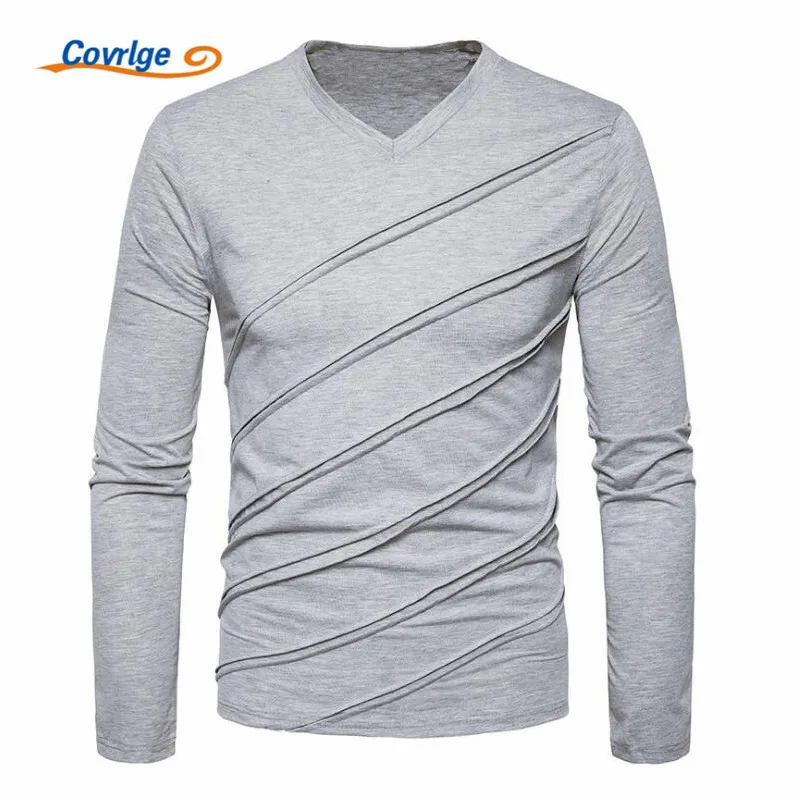 

Covrlge 2018 Fashion Men T-shirt New Slim Fit Custom T-shirt Crease Design Long Stylish V Neck Fitness T-shirt Tee Shirt MTL086