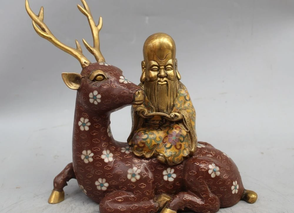 10"China Pure Bronze Cloisonne Longevity Immortal God Ride sika deer Buddha stat
10"China Pure Bronze Cloisonne Longevity Immortal God Ride sika deer Buddha stat