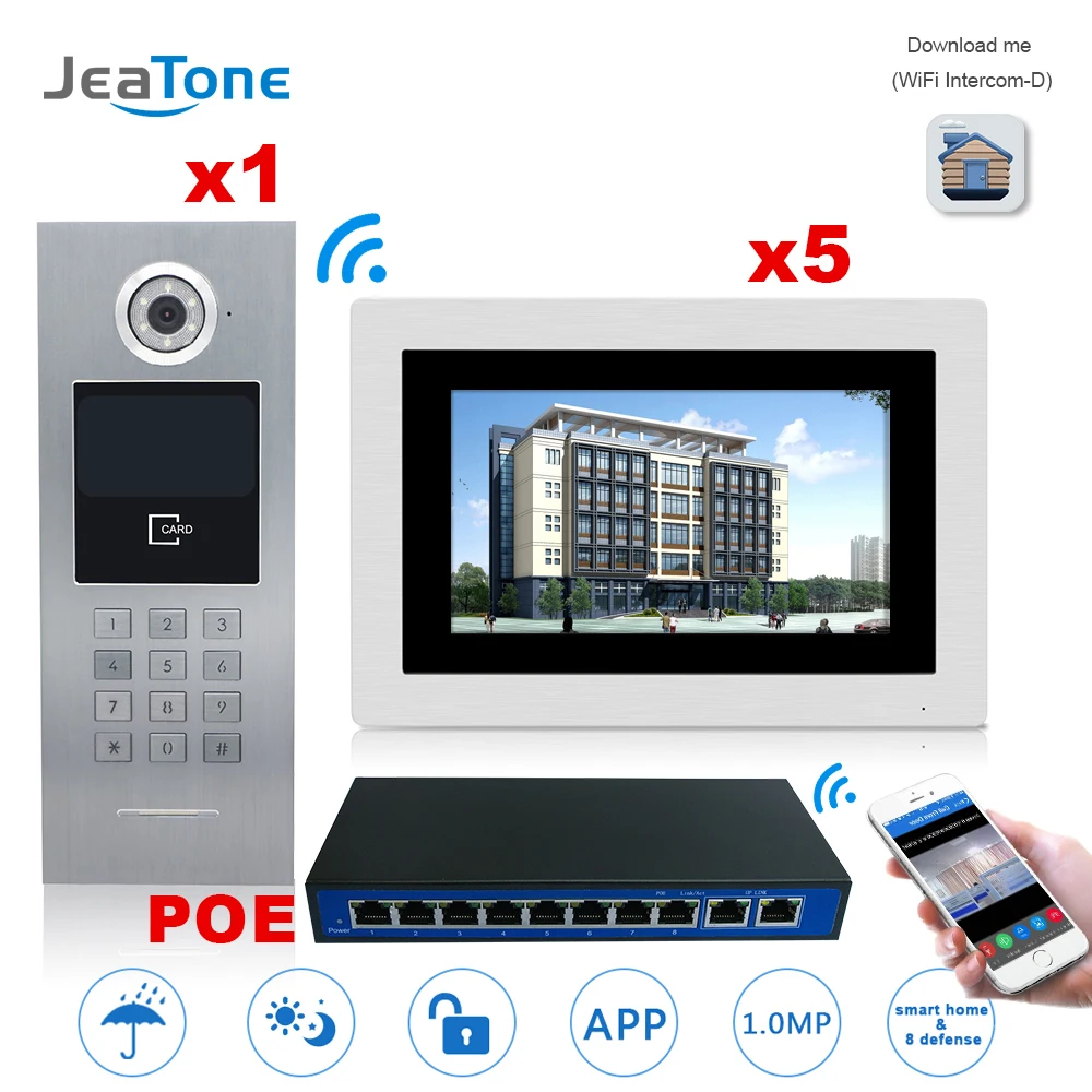 

7'' Touch Screen WIFI IP Video Door Phone Intercom +POE Switch 5 Floors Building Access Control System Support Password/IC Card