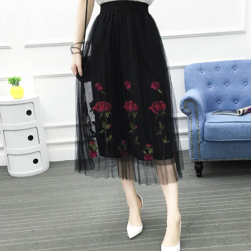 Vintage Pleated Skirt Women Summer Rose Embroidery Mesh Tutu Skirts Office Lady A-Line Mid-Calf Skirt Female Elegant Saia Faldas
Vintage Pleated Skirt Women Summer Rose Embroidery Mesh Tutu Skirts Office Lady A-Line Mid-Calf Skirt Female Elegant Saia Faldas