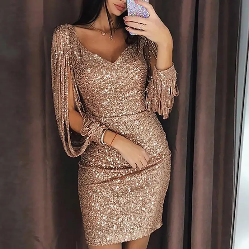 2019 Tassel Lantern Sleeve Sequin Dress Women Sexy V-neck Bodycon Dresses Summer Fashion Elegant Party Dress Sequined Vestidos
2019 Tassel Lantern Sleeve Sequin Dress Women Sexy V-neck Bodycon Dresses Summer Fashion Elegant Party Dress Sequined Vestidos