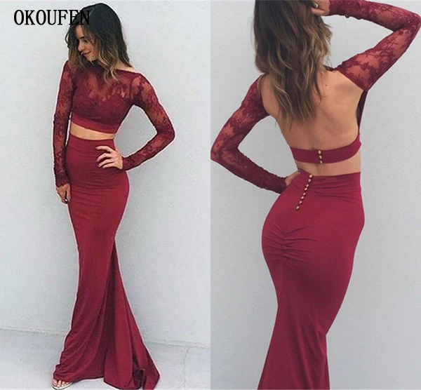 2019 Two Pieces Prom Dresses Burgundy Lace Long Sleeves Mermaid Wedding Party Gowns vestidos de fiesta largos elegantes Backless
2019 Two Pieces Prom Dresses Burgundy Lace Long Sleeves Mermaid Wedding Party Gowns vestidos de fiesta largos elegantes Backless