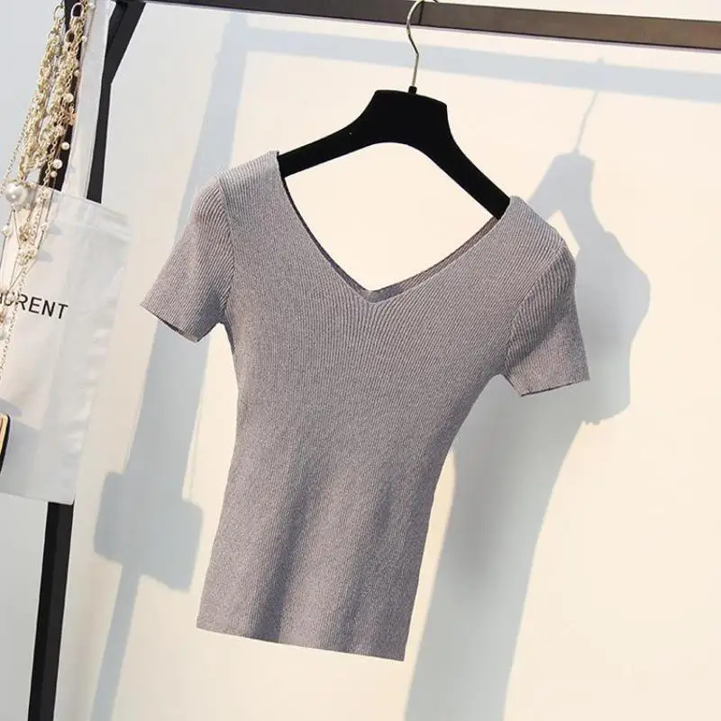 V-neck Slim Knitting Tees Women 2019 Summer Stretch Sweaters Ladies Pullovers Female Tops Grey White Black Knitwear High Quality | Женская