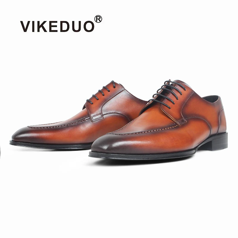 

VIKEDUO 2019 New Stylish Dress Shoes Men Genuine Leather Sqaure Derby Shoes Wedding Office Formal Footwear Mans Brown Zapatos