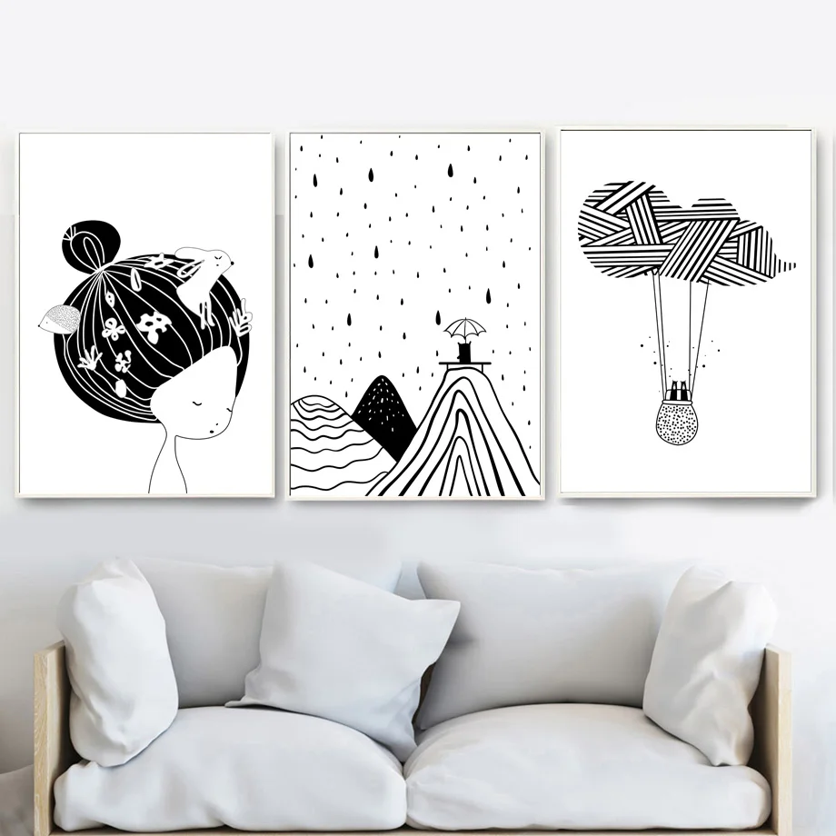 Girl Mountain Hot Balloon Canvas Painting Wall Art Print Nordic Poster Cartoon Black White Pictures Kids Room Study Decor | Дом и сад