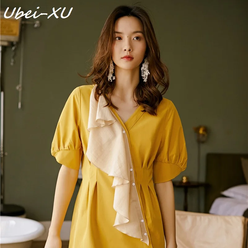 Ubei 2019 Summer fashion hubble-sleeve dress medium length new casual yellow dress
Ubei 2019 Summer fashion hubble-sleeve dress medium length new casual yellow dress