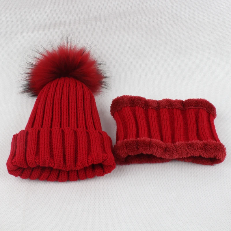 Kids Boys Girls Warm Fleece Liner Beanie Hats With Scarf Winter Fur Hat For Children Baby Pompom Skullies Beanies 41
