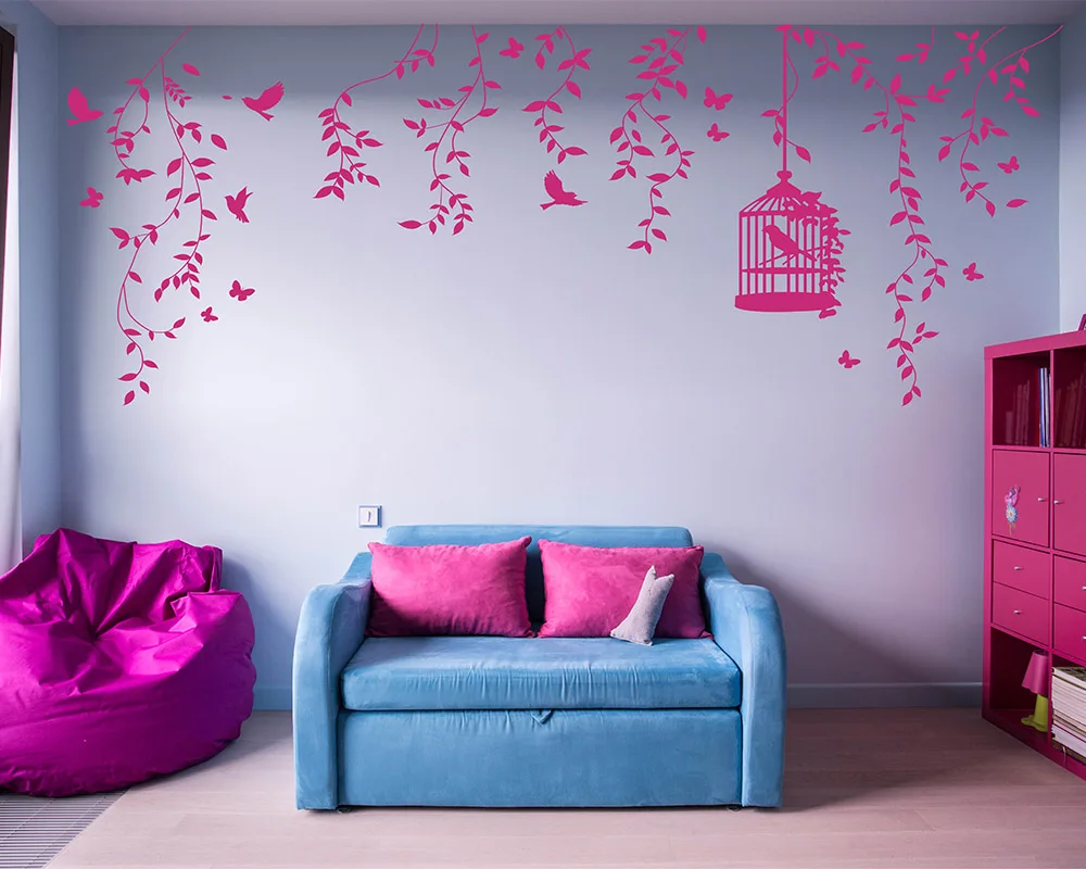Flowery Vines and Birdcage Wall Decal W White, Pink, & Blue, 34 H X 80