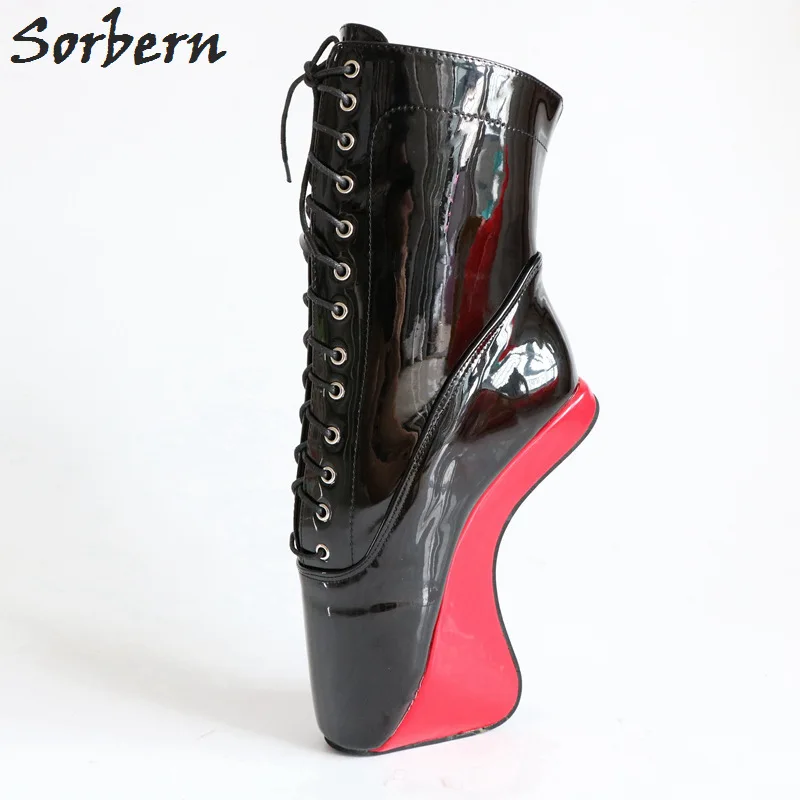 Sorbern Sexy Hoof Black And Red Heelless Ballet Boots Women Square Toe Lace-Up Heelless Boots No Heel Platform Custom Leg Boots