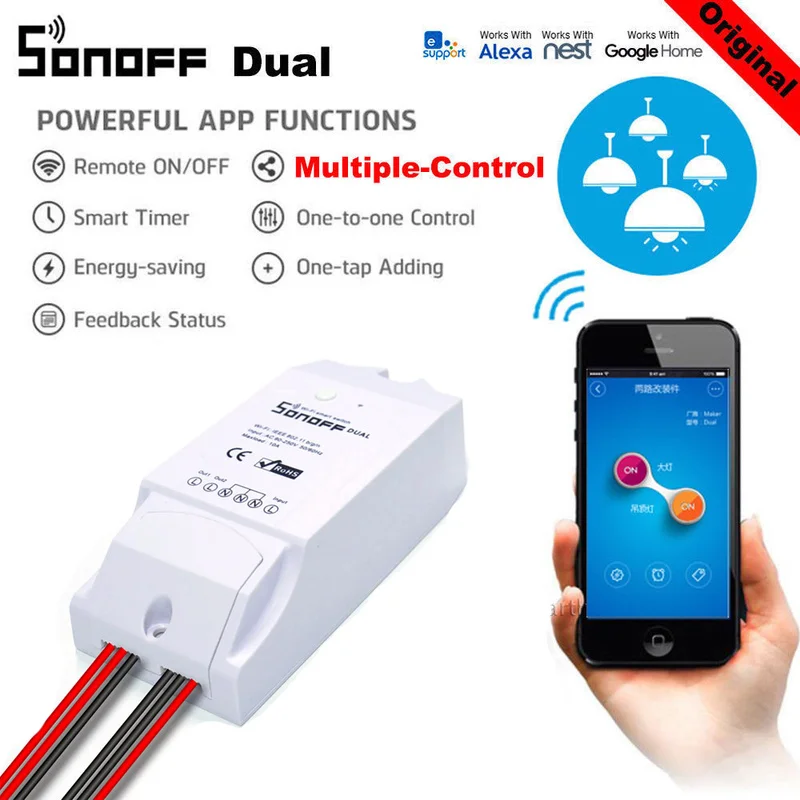 SONOFF Dual 2CH Basic WiFi Wireless Smart Switch Light Remote Control DIY Timer Module Works with Alexa Google Home
SONOFF Dual 2CH Basic WiFi Wireless Smart Switch Light Remote Control DIY Timer Module Works with Alexa Google Home