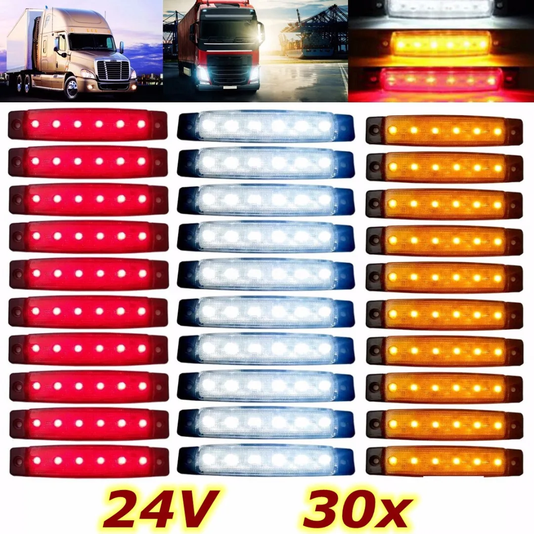 30pcs/set 24V 6LED Truck Trailer Bus Side Marker Indicators Light Red+White+Yellow
30pcs/set 24V 6LED Truck Trailer Bus Side Marker Indicators Light Red+White+Yellow