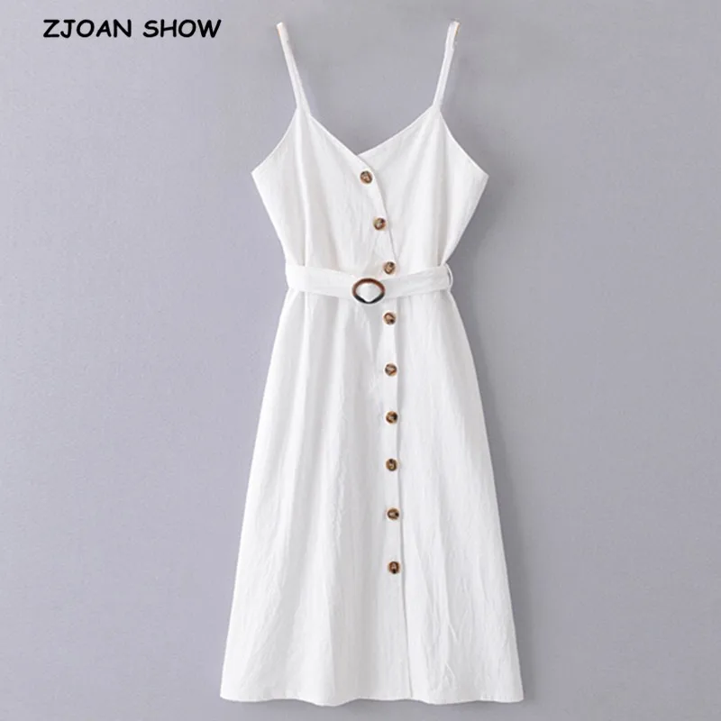 2019 New Retro V neck Single-breasted Buttons White Women Spaghetti Strap Dress With Belt Front Slit Mid-calf Summer Dresses
2019 New Retro V neck Single-breasted Buttons White Women Spaghetti Strap Dress With Belt Front Slit Mid-calf Summer Dresses