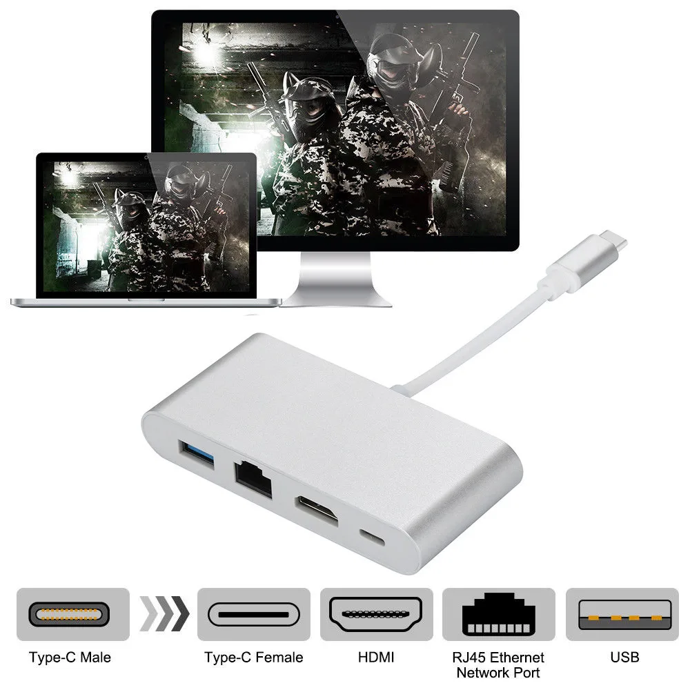 4-in-1 multi-function hub USB C to HDMI 4K + RJ45 LAN Network + USB 3.0 + Type C Adapter Converter AC1403 High quality
4-in-1 multi-function hub USB C to HDMI 4K + RJ45 LAN Network + USB 3.0 + Type C Adapter Converter AC1403 High quality