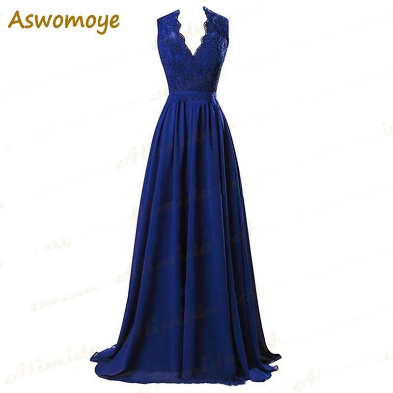 A Line Long Evening Dresses 2018 V-Neck Appliques Lace Royal Blue, Red, Black Chiffon Lace Up Back Party Prom Gowns Custom Made
A Line Long Evening Dresses 2018 V-Neck Appliques Lace Royal Blue, Red, Black Chiffon Lace Up Back Party Prom Gowns Custom Made