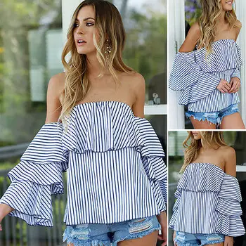 Fashion Women Striped Off Shoulder Layers Blouse Tops Summer Long Sleeve Strapless Shirt Casual Blouse Loose Tops Shirt Clothes
Fashion Women Striped Off Shoulder Layers Blouse Tops Summer Long Sleeve Strapless Shirt Casual Blouse Loose Tops Shirt Clothes