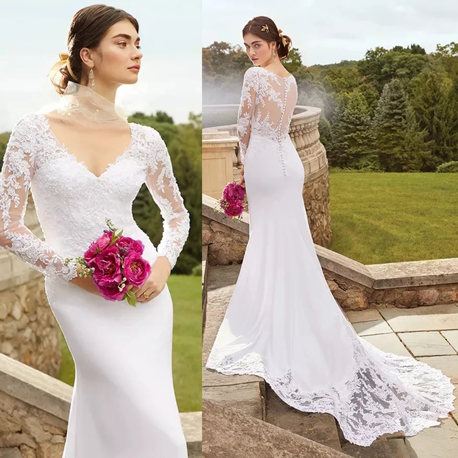 Crepe Applique Lace Wedding Dress With Long Sleeves And Button Up Illusion Back Mermaid Bridal Dresses vestido novia
Crepe Applique Lace Wedding Dress With Long Sleeves And Button Up Illusion Back Mermaid Bridal Dresses vestido novia