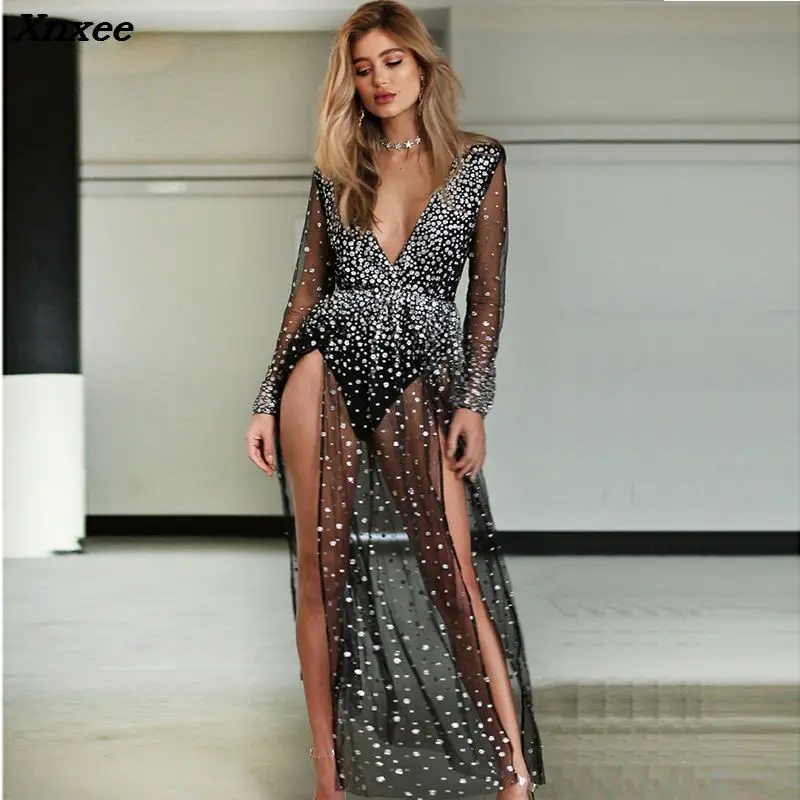 Xnxee 2018 Summer Beach Dress Women Black Lace Dress Long Sleeve V Neck Sequin Mesh See-through Ladies Maxi Long Dress Vestidos
Xnxee 2018 Summer Beach Dress Women Black Lace Dress Long Sleeve V Neck Sequin Mesh See-through Ladies Maxi Long Dress Vestidos