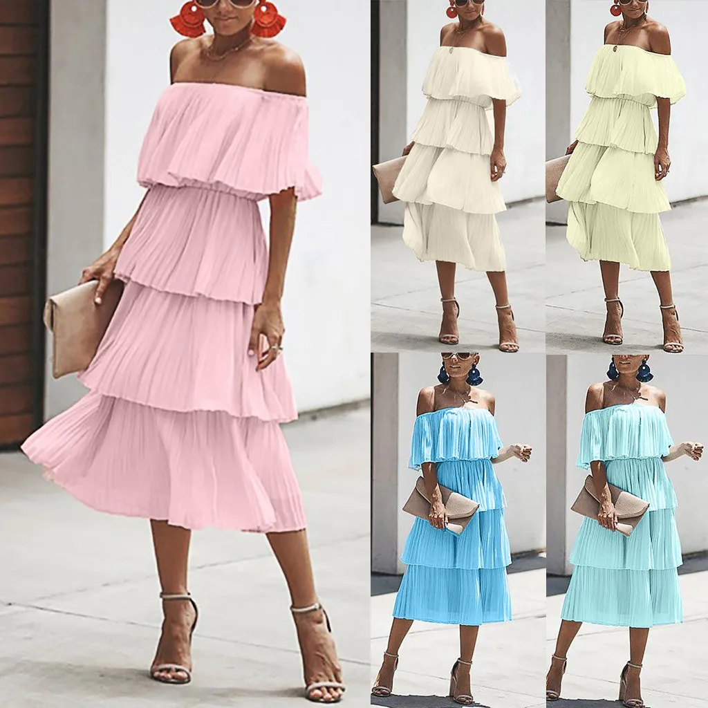 summer dress Fashion Women Evening Party Solid Long Dresses Chiffon Off Shoulder Ruffles Layered Dress vestidos de verano 2019
summer dress Fashion Women Evening Party Solid Long Dresses Chiffon Off Shoulder Ruffles Layered Dress vestidos de verano 2019