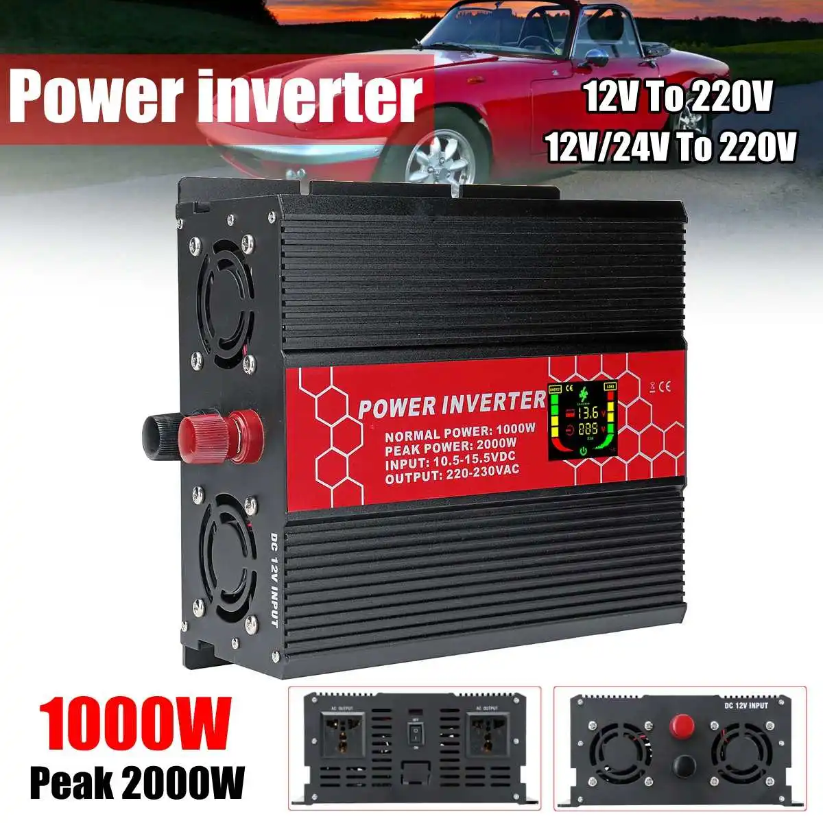 Intelligent Screen Inverter 12/24V to 110/220V 1000W 20000W Peak- Modified Sine Wave Power Voltage transformer Inverter Converte 
Intelligent Screen Inverter 12/24V to 110/220V 1000W 20000W Peak- Modified Sine Wave Power Voltage transformer Inverter Converte