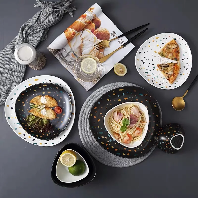 Matte black and white breakfast plate dish drop shipping dinner plate Terrazzo wholesale Dinnerware Set
Matte black and white breakfast plate dish drop shipping dinner plate Terrazzo wholesale Dinnerware Set