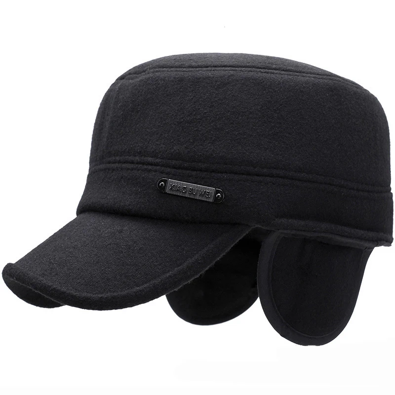 

HT2006 Men Winter Baseball Caps Thick Warm Adjustable Snapback Army Caps for Men Flat Top Wool Felt Earflap Dad Hats for Men