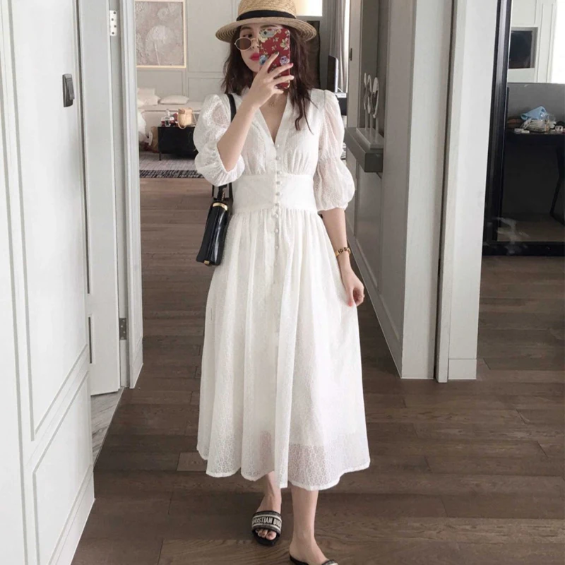 New Fashion White Beach Long Dresses Women V-Neck Puff Sleeve Slim High Waist A-Line Long Dress Female Casual Party Dress
New Fashion White Beach Long Dresses Women V-Neck Puff Sleeve Slim High Waist A-Line Long Dress Female Casual Party Dress