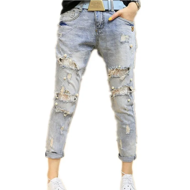 Женские джинсы с высокой талией штаны-шаровары кружевной отделкой и бусинами на