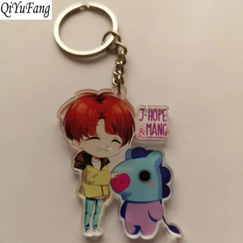 

QiYuFang Fashion Cute Kpop BT21 Key Chain Bangtan Boys BTS Keychain Love Yourself Acrylic J-HOPE V SUGA Women Bag Charm Keyring