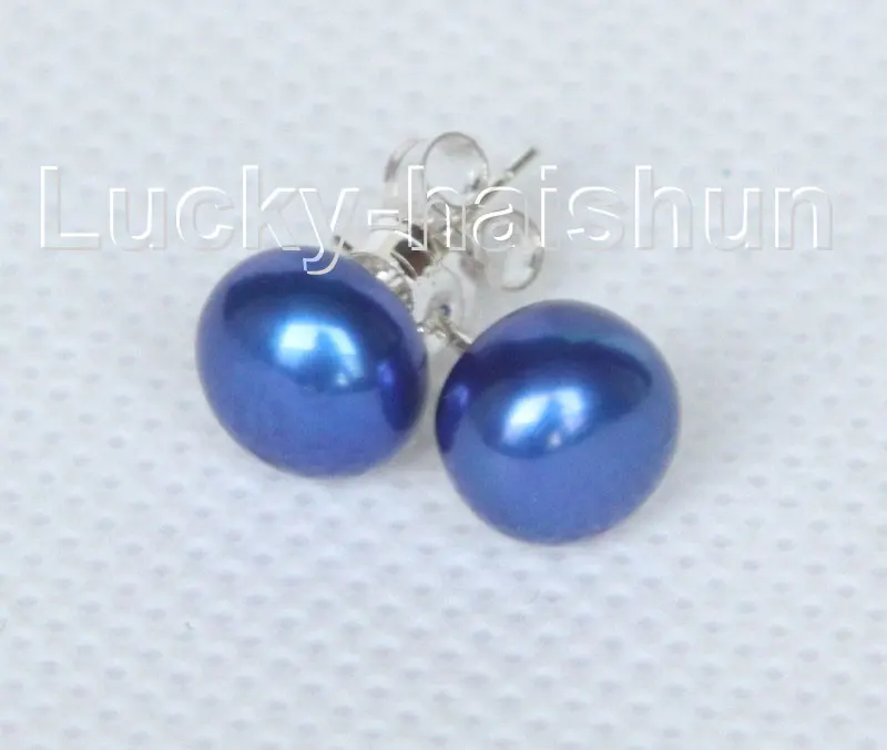 Genuine Stud 8mm navy blue freshwater pearls Earrings 925s post j10427