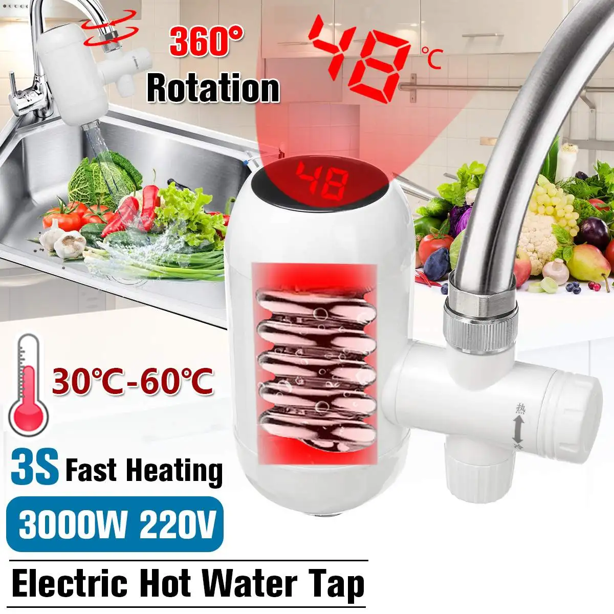 3000W Temperature Display Instant Hot Water Tap Electric Faucet Kitchen 3S Instant Water Heater Water Heating 360° Rotatable
3000W Temperature Display Instant Hot Water Tap Electric Faucet Kitchen 3S Instant Water Heater Water Heating 360° Rotatable