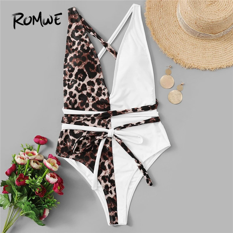 

Romwe Sport Multicolor Monokinis Leopard Criss Cross Backless One Piece Swimwear Women Summer 2019 Sexy Plunge Neck Swimsuit