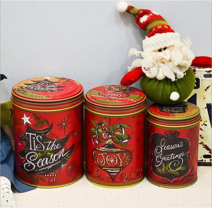 

Christmas Season Greeting Tin storage case Round shape Iron container Metal storage box Candy can Christmas Gift Box