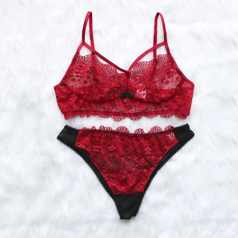 Women Set Lingerie Solid Wine Red Lace Sexy Openwork Cross Straps Gathered Bra + Stitching Color Lace Briefs Women Underwear Set
Women Set Lingerie Solid Wine Red Lace Sexy Openwork Cross Straps Gathered Bra + Stitching Color Lace Briefs Women Underwear Set