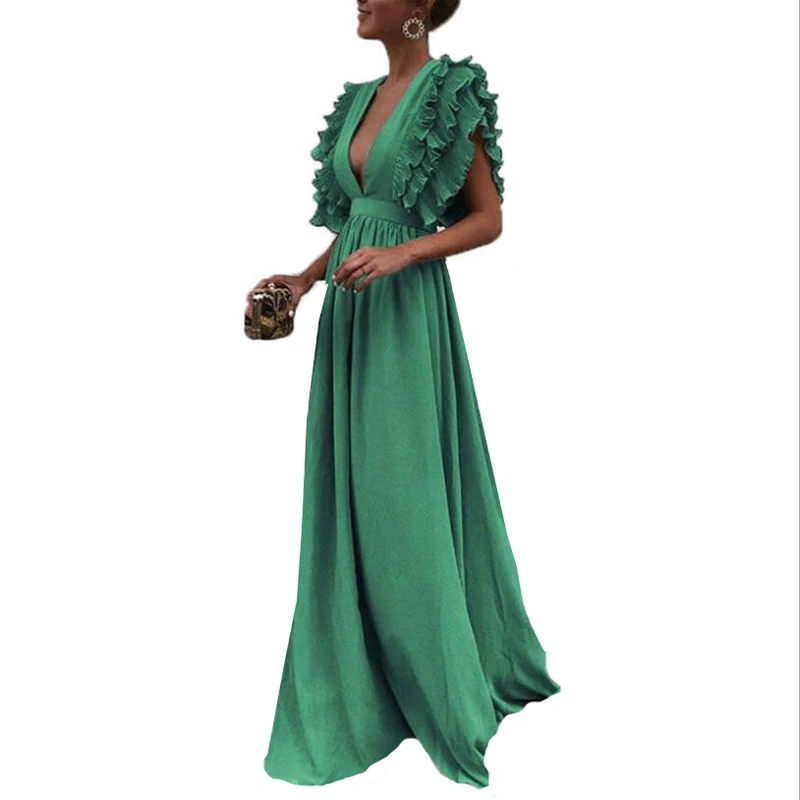 2019 new European station women's dresses sexy flying sleeve V-neck open back solid color long dress female hollow V-neck dress
2019 new European station women's dresses sexy flying sleeve V-neck open back solid color long dress female hollow V-neck dress