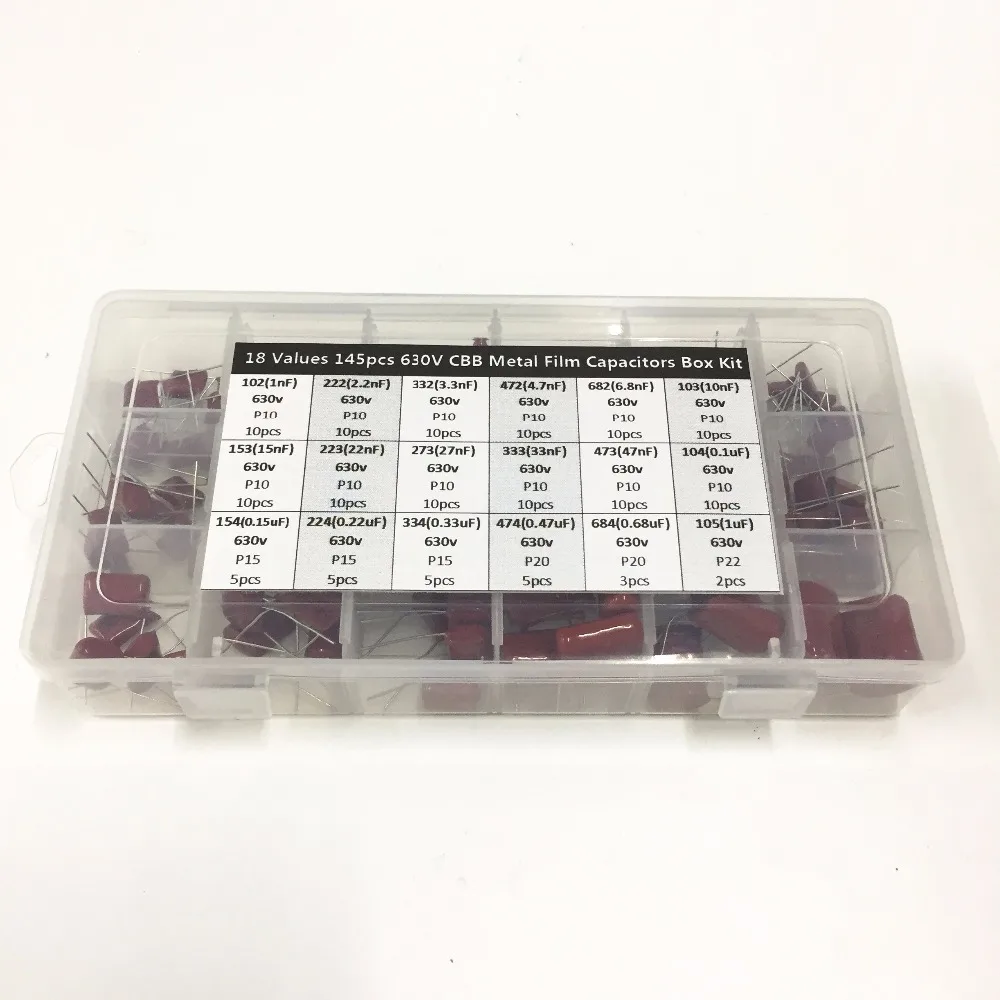 18values 145pcs 630V 1nF~1uF (102~105) CBB metal film capacitors Assortment Kit Box
18values 145pcs 630V 1nF~1uF (102~105) CBB metal film capacitors Assortment Kit Box
