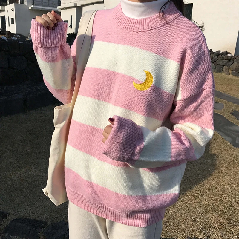 2019 женские свитера Kawaii Ulzzang колледж конфетных цветов полосы Луна наборы вышивка