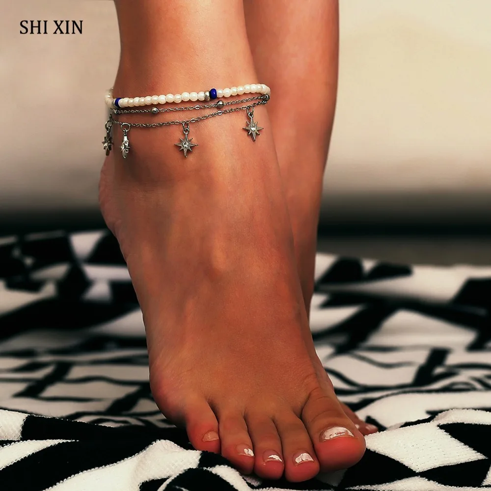 

SHIXIN Fashion Charms Pearl Crystal Stars Layered Anklet Ankle Bracelets for Women Foot Chain Barefoot Beach Jewelry Female Gift