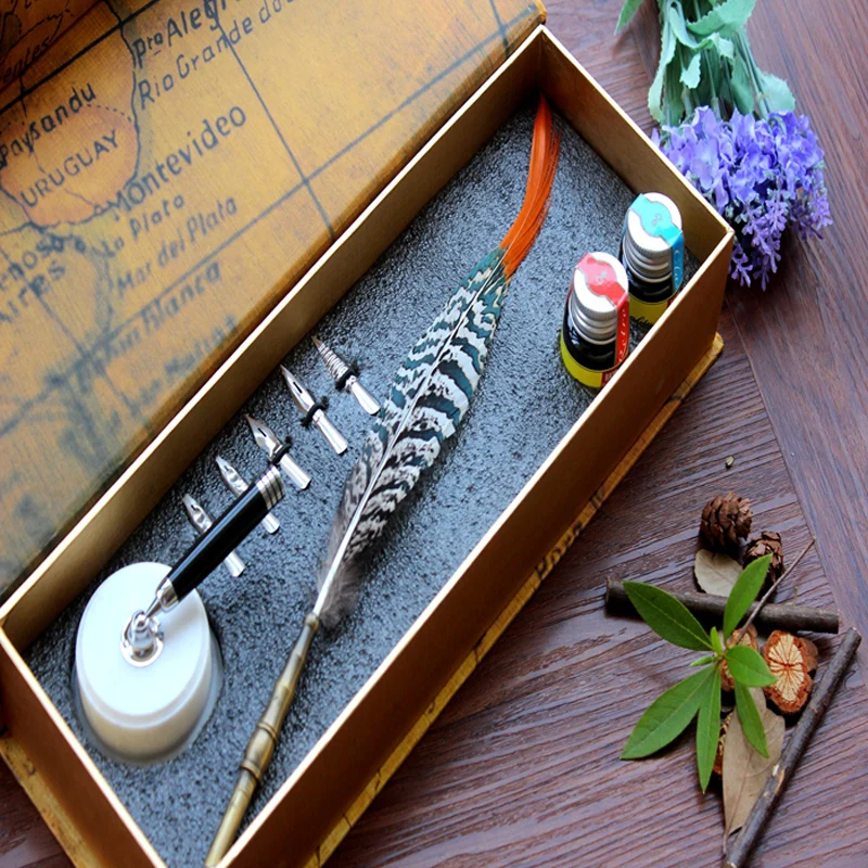 Natural Feather Antique Dip Pen Set with 1 Pen Holder 1 Gift Box 2 inks and 5 Nibs
Natural Feather Antique Dip Pen Set with 1 Pen Holder 1 Gift Box 2 inks and 5 Nibs