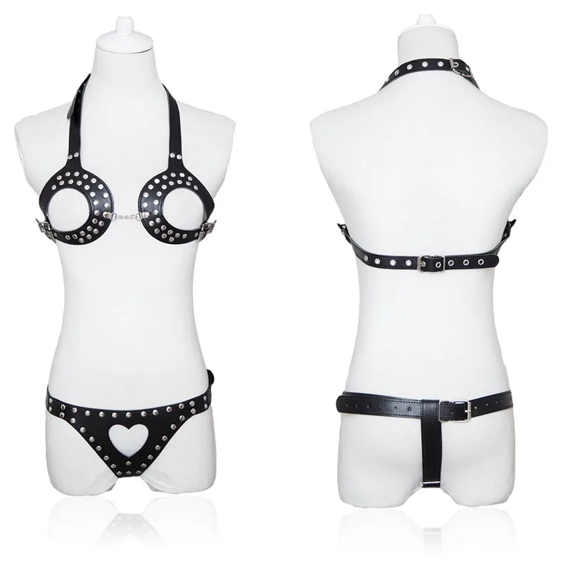 Sexy Studded Faux Leather Cupless Bra Top with Hollow Out Heart Shape Thong Bikini Fetish Wear Mistress Fantasy Costume
Sexy Studded Faux Leather Cupless Bra Top with Hollow Out Heart Shape Thong Bikini Fetish Wear Mistress Fantasy Costume