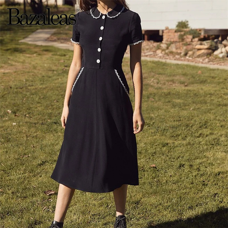 Bazaleas Lace Patchworl women midi Dress Center Buttons Black summer Dress Vintage Slim Peter pan collar women Dresses vestidos
Bazaleas Lace Patchworl women midi Dress Center Buttons Black summer Dress Vintage Slim Peter pan collar women Dresses vestidos
