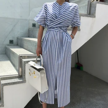 Korean Women Summer Cotton Blue Striped Bandage Split Long Dress Female Long Bodycon Plus Size Vestido Robe Femme Ete Sukienki
Korean Women Summer Cotton Blue Striped Bandage Split Long Dress Female Long Bodycon Plus Size Vestido Robe Femme Ete Sukienki