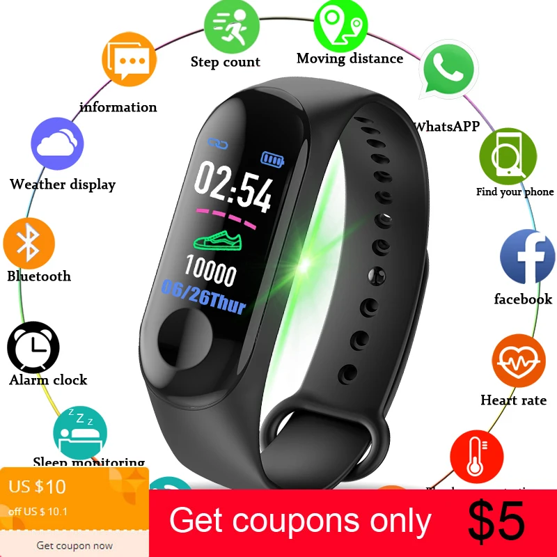 M3 Smart Wristband Watches Sport Fitness Watch Color-screen Waterproof Blood Pressure Monitor Heart Rate Monitoring
M3 Smart Wristband Watches Sport Fitness Watch Color-screen Waterproof Blood Pressure Monitor Heart Rate Monitoring