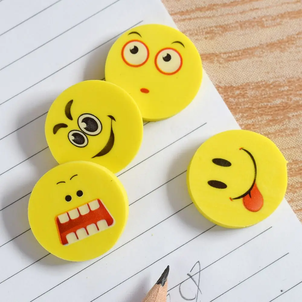 

4pcs Round Smile Face Emoji Rubber Laugh Look Erasers Students Study Supply New
