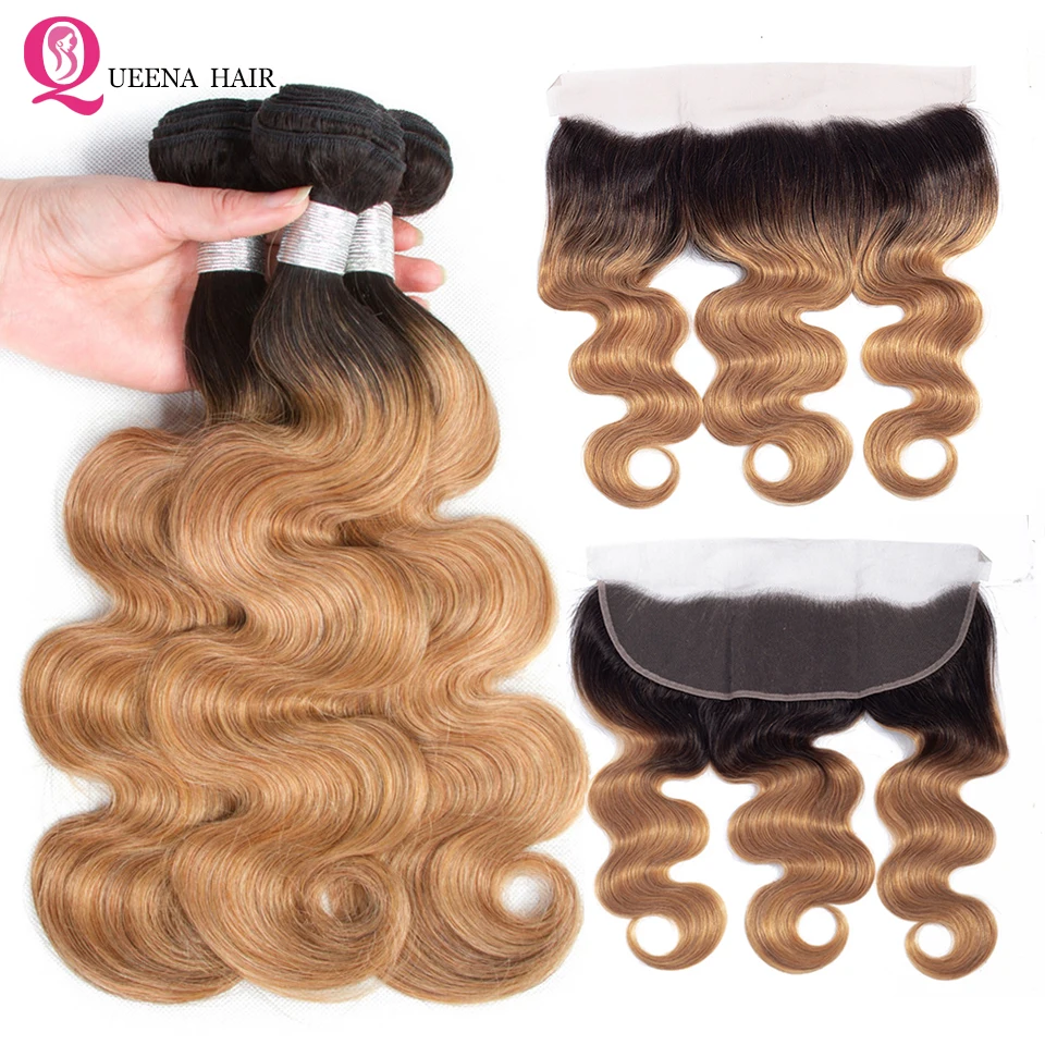 

Queena Body Wave raw indian hair bundles with frontal closure colored 1b 27 ombre blonde bundles with closure ear to ear lace