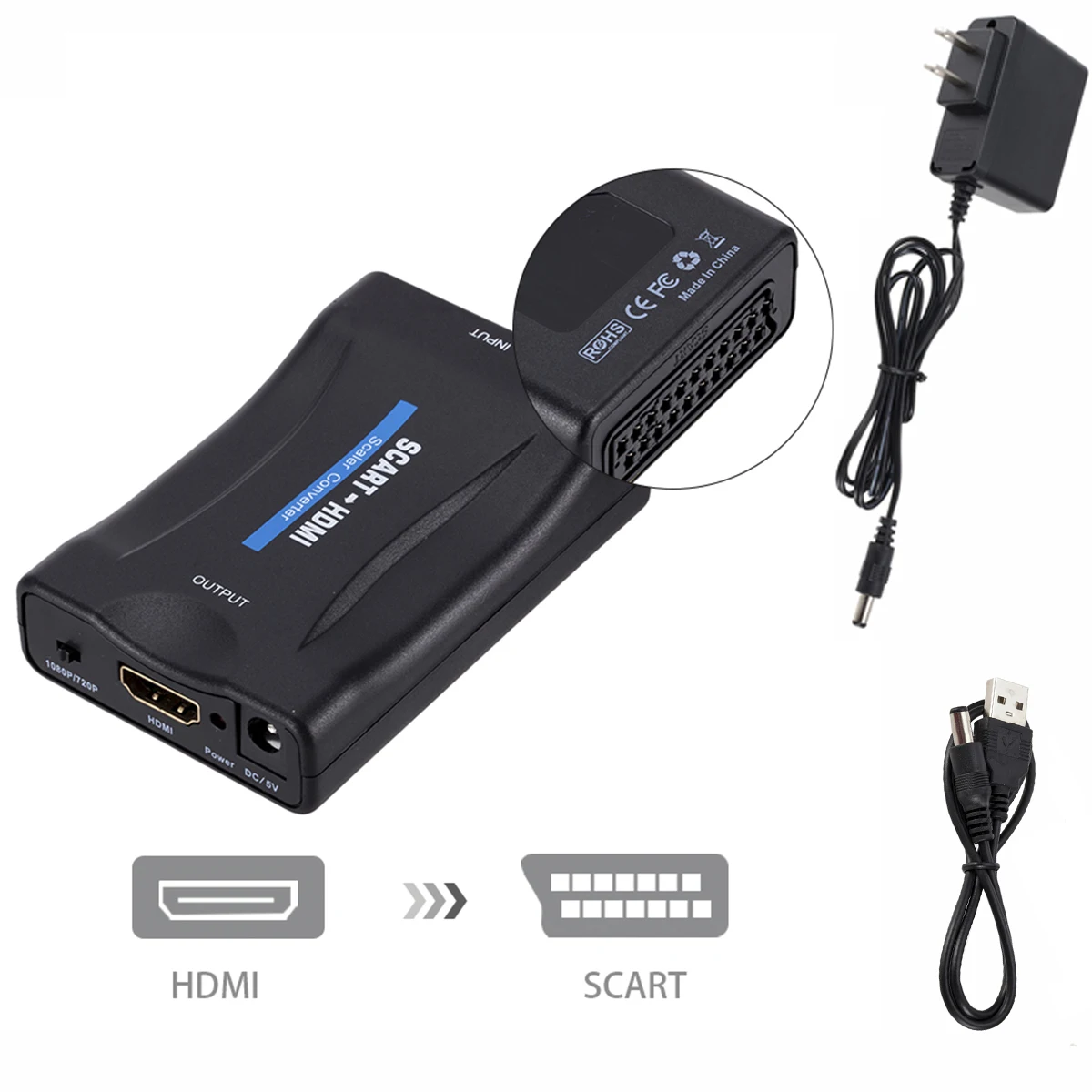 1080P SCART To HDMI Converter Video Audio Upscale Signal Adapter Converters With Charging Adapter Cable for Sky Box DVD STB
1080P SCART To HDMI Converter Video Audio Upscale Signal Adapter Converters With Charging Adapter Cable for Sky Box DVD STB