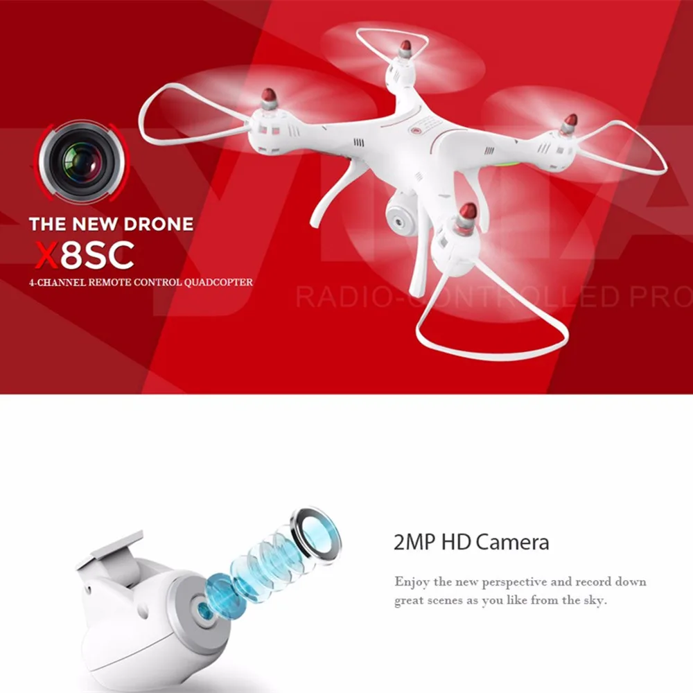

Syma X8SC RC Drone RTF 2MP Camera 2.4G 4CH 6 Axis Gyro Air Press Altitude Hold Speed Switch 3D Rollover RC Quadcopter Helicopter